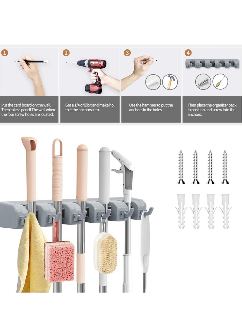 VIUAUAX Mop And Broom Holder, Wall Mounted Organizer Mop And Broom Saving Space Storage Rack For Kitchen Garden And Garage,Laundry Offices,5 Position With 6 Hooks  - Image 3