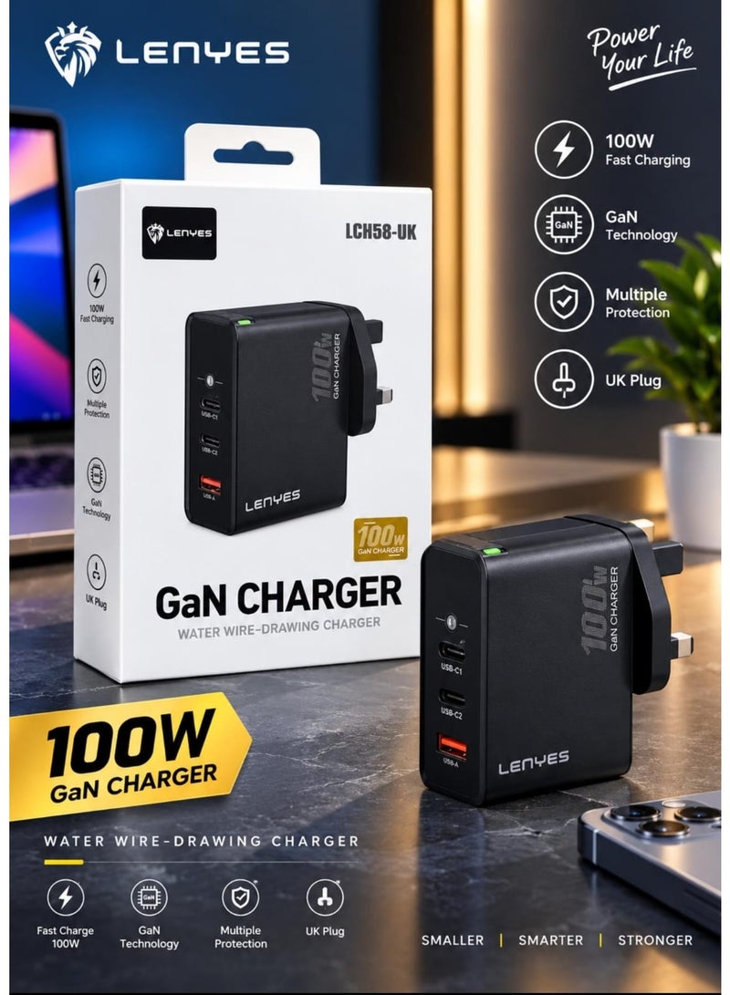 LENYES 100W GaN Fast Charging Wall Charger with UK Plug, Model LCH58-UK