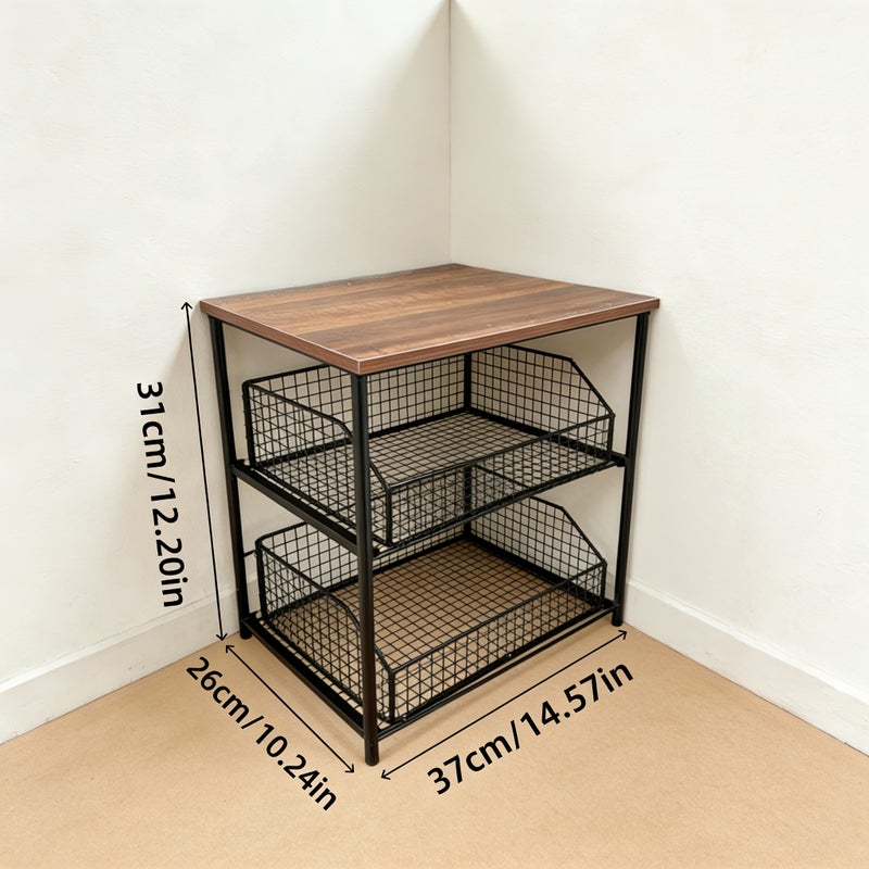 Space-saving Kitchen Countertop Organizer, Solid Wood + Metal Multi-layer Structure, with 2 Sliding Metal Basket Drawers. Multi-functional Storage Suitable for Coffee Makers, Spices, Tableware, and Can Also Hold a Microwave/printer - Image 2