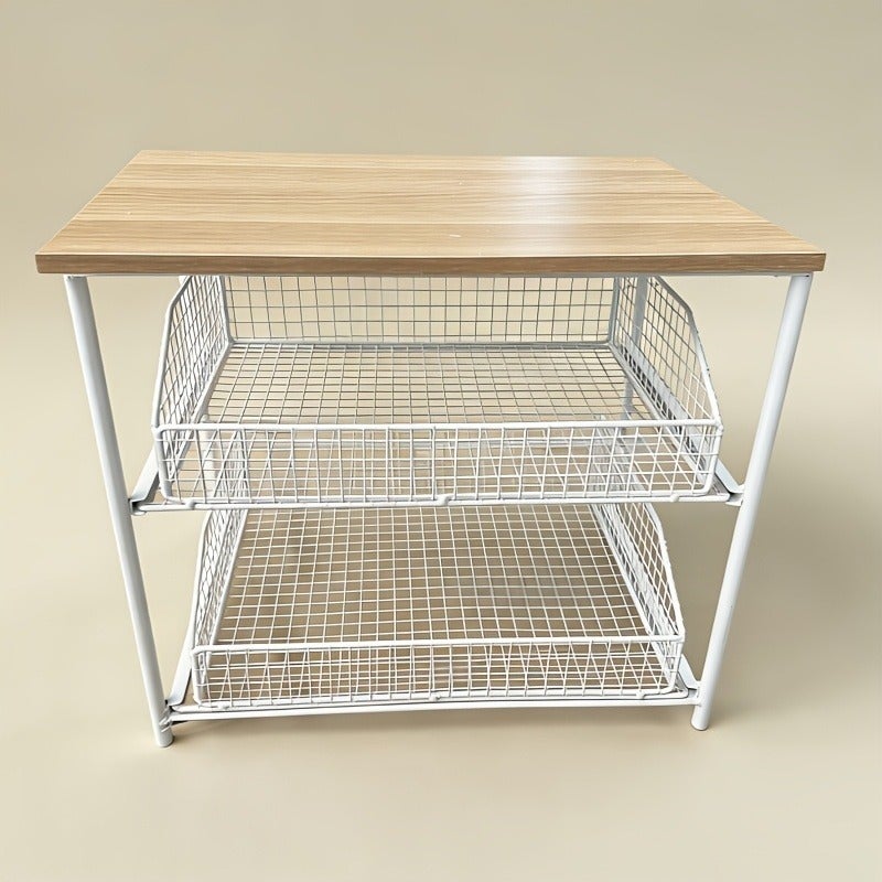 Space-saving Kitchen Countertop Organizer, Solid Wood + Metal Multi-layer Structure, with 2 Sliding Metal Basket Drawers. Multi-functional Storage Suitable for Coffee Makers, Spices, Tableware, and Can Also Hold a Microwave/printer - Image 1