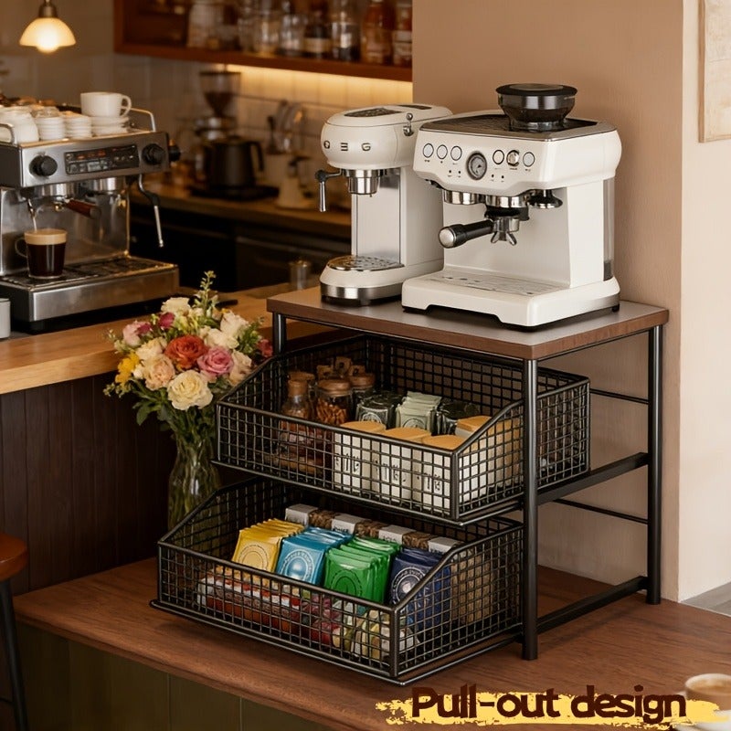 Space-saving Kitchen Countertop Organizer, Solid Wood + Metal Multi-layer Structure, with 2 Sliding Metal Basket Drawers. Multi-functional Storage Suitable for Coffee Makers, Spices, Tableware, and Can Also Hold a Microwave/printer - Image 4