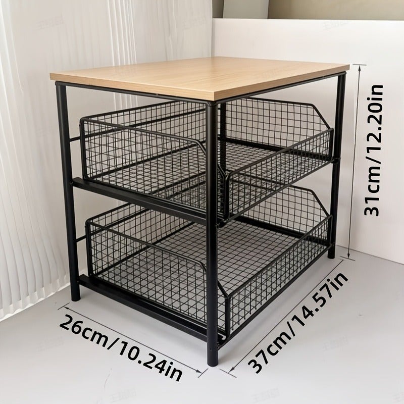 Space-saving Kitchen Countertop Organizer, Solid Wood + Metal Multi-layer Structure, with 2 Sliding Metal Basket Drawers. Multi-functional Storage Suitable for Coffee Makers, Spices, Tableware, and Can Also Hold a Microwave/printer - Image 3