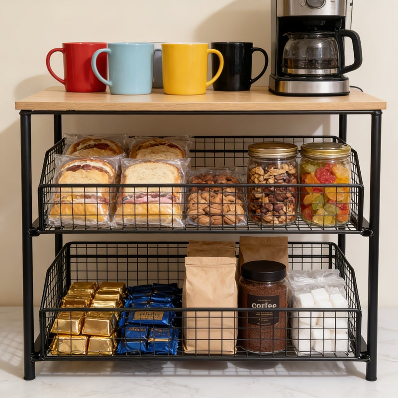 Space-saving Kitchen Countertop Organizer, Solid Wood + Metal Multi-layer Structure, with 2 Sliding Metal Basket Drawers. Multi-functional Storage Suitable for Coffee Makers, Spices, Tableware, and Can Also Hold a Microwave/printer - Image 5
