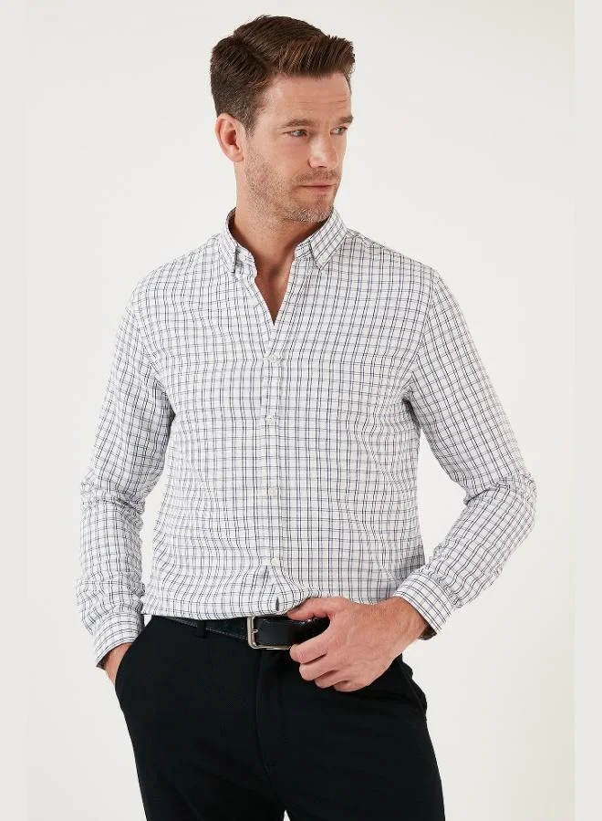 بوراتي قميص رجالي بياقة قميص بأزرار من مزيج القطن كاروهات بأكمام طويلة بقصة ضيقة من بوراتي