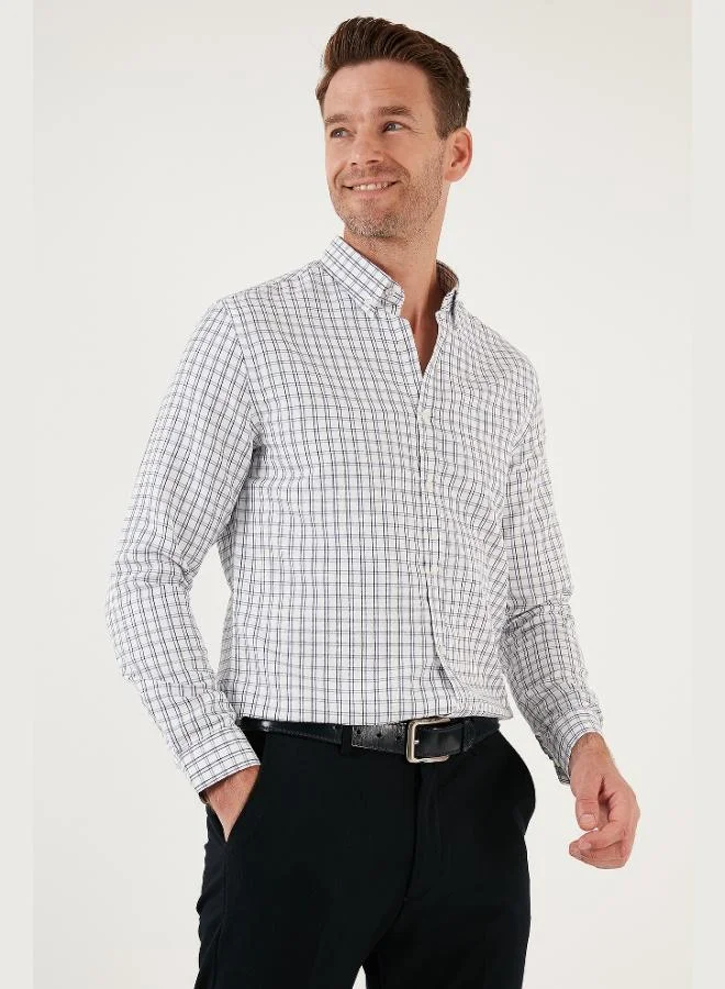 بوراتي قميص رجالي بياقة قميص بأزرار من مزيج القطن كاروهات بأكمام طويلة بقصة ضيقة من بوراتي