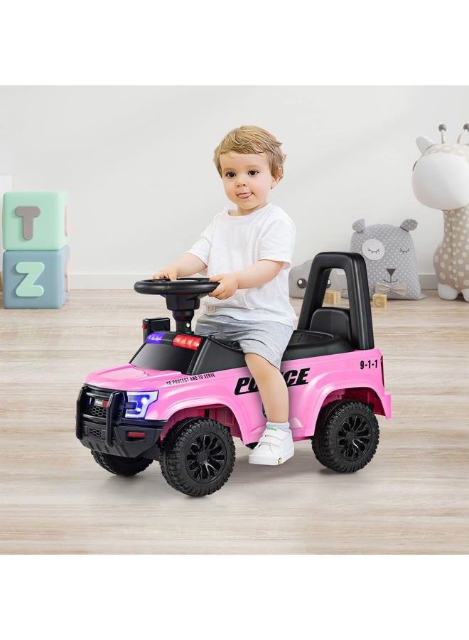OLAKIDS Ride On Push Police Car, Toddler Foot-to-Floor Sliding Toy with Siren, Steering Wheel, Megaphone, Horn, Headlights, Under Seat Storage, Kids Racer Walking Gift for Boys Girls 1-3 (Pink) - Image 2
