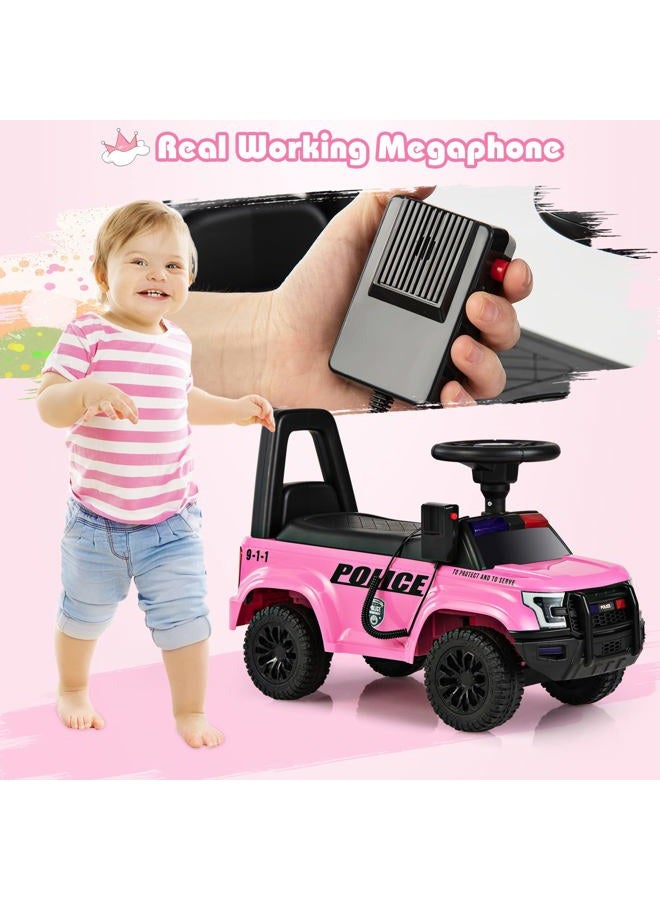 OLAKIDS Ride On Push Police Car, Toddler Foot-to-Floor Sliding Toy with Siren, Steering Wheel, Megaphone, Horn, Headlights, Under Seat Storage, Kids Racer Walking Gift for Boys Girls 1-3 (Pink) - Image 3