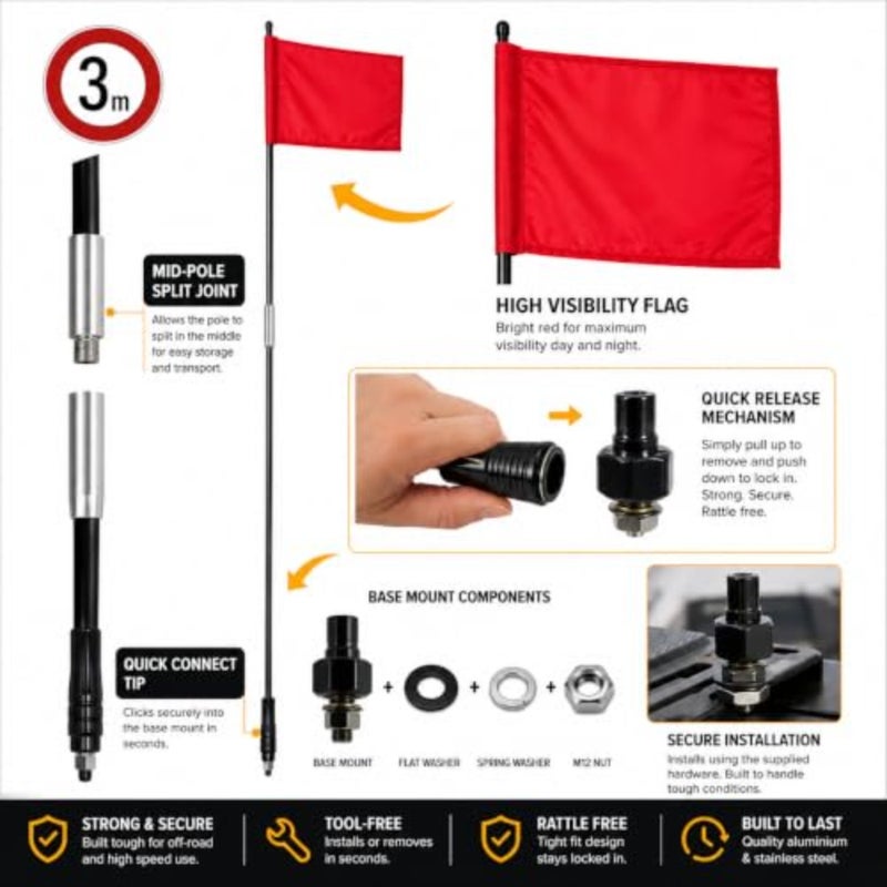 Artan Trading Off-Road Desert Flag Pole 9ft M12 Universal Mount + Storage Bag Centre Split Fiberglass Sand Dune Safety Flag for 4x4, ATV, Jeep, Patrol, Prado, Land Cruiser UAE - Image 2