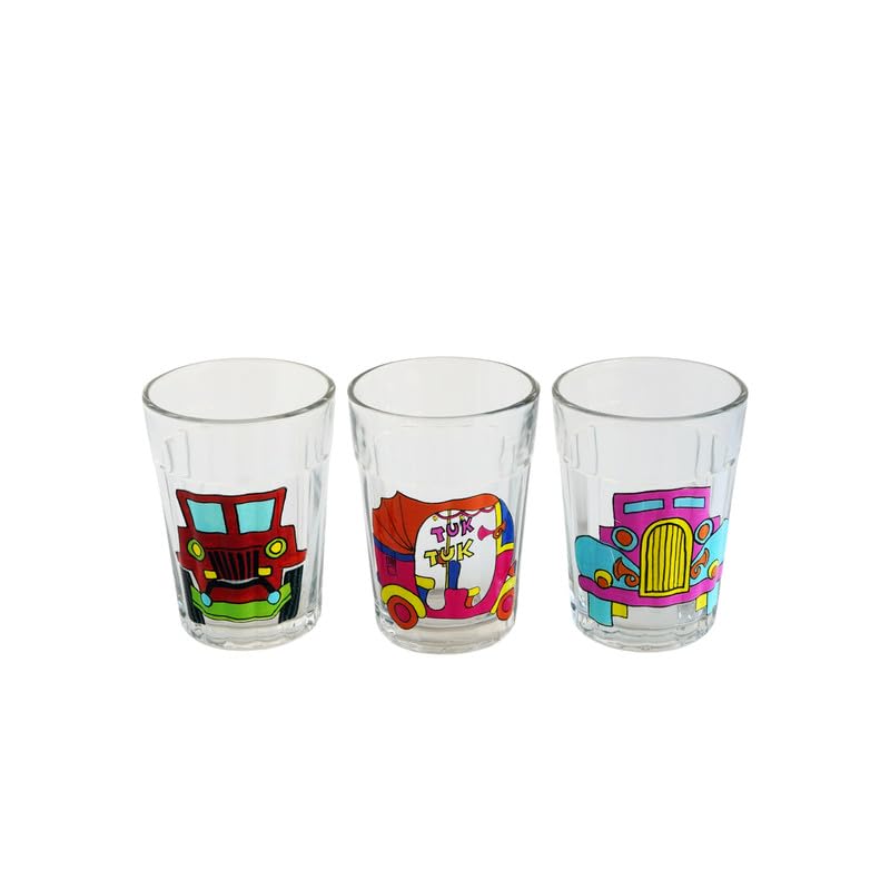 TOPSYTURVY Hand Crafted & Hand Designed Tapri Tea and Coffee Style Glass with Iron Stand (Set of 6, 90ml Each) | Colourful Vehicle Designed Tapri Style Kulhad Cups | Cutting Chai Glasses Set - Image 4
