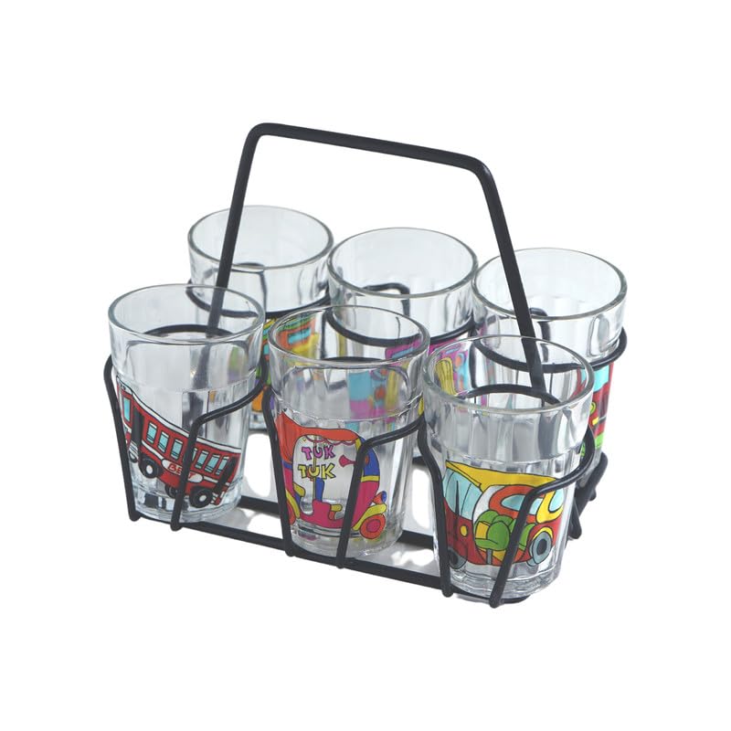 TOPSYTURVY Hand Crafted & Hand Designed Tapri Tea and Coffee Style Glass with Iron Stand (Set of 6, 90ml Each) | Colourful Vehicle Designed Tapri Style Kulhad Cups | Cutting Chai Glasses Set - Image 1
