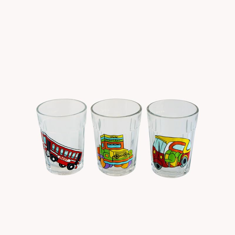 TOPSYTURVY Hand Crafted & Hand Designed Tapri Tea and Coffee Style Glass with Iron Stand (Set of 6, 90ml Each) | Colourful Vehicle Designed Tapri Style Kulhad Cups | Cutting Chai Glasses Set - Image 5