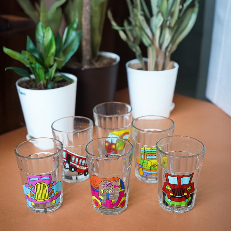 TOPSYTURVY Hand Crafted & Hand Designed Tapri Tea and Coffee Style Glass with Iron Stand (Set of 6, 90ml Each) | Colourful Vehicle Designed Tapri Style Kulhad Cups | Cutting Chai Glasses Set - Image 2
