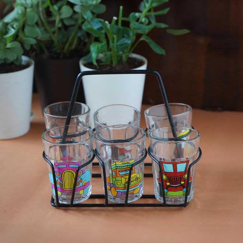 TOPSYTURVY Hand Crafted & Hand Designed Tapri Tea and Coffee Style Glass with Iron Stand (Set of 6, 90ml Each) | Colourful Vehicle Designed Tapri Style Kulhad Cups | Cutting Chai Glasses Set - Image 3