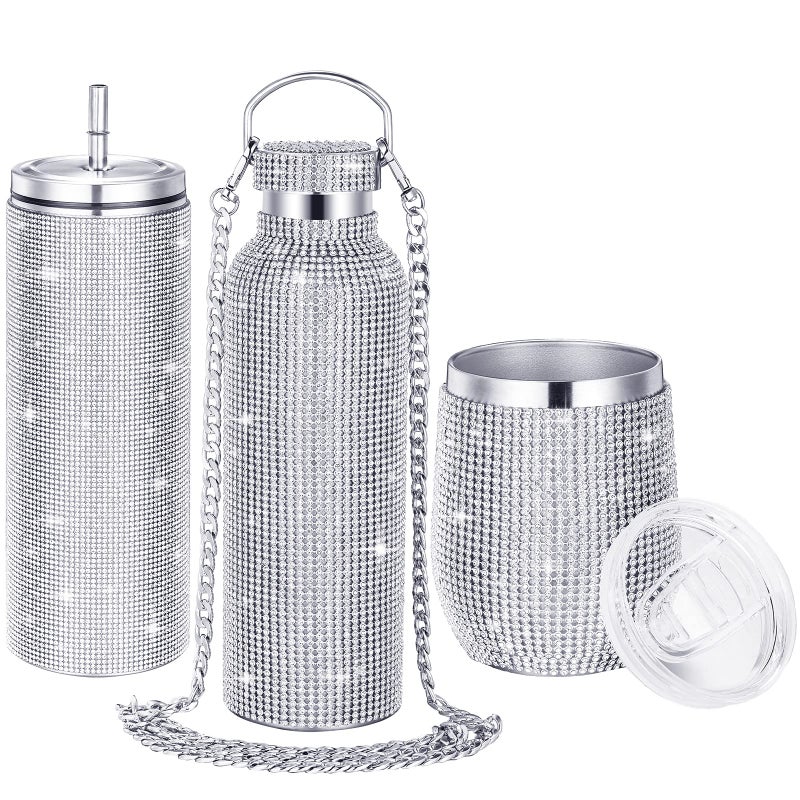 Youyole 3 Pcs Diamond Water Bottle Rhinestone Water Bottle Glitter Tumbler Thermal with Chain Bling Cups with Lids Rhinestones Stainless Steel Thermal for Women Girl Classic Style