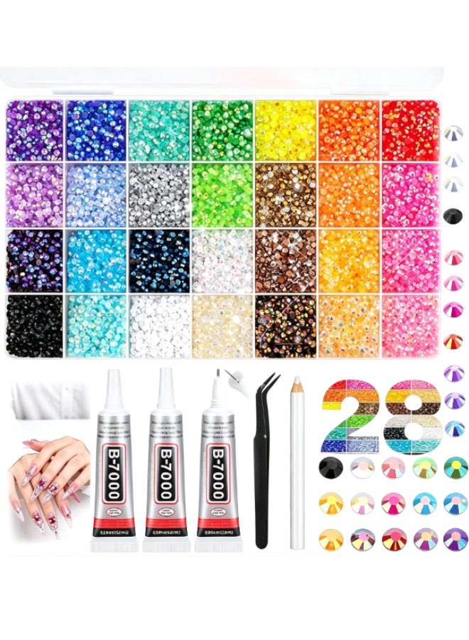 OSHIMA New resin jelly rhinestones, suitable for Bedazzling sets, 30,000 pieces of 28 colors 3mm multi-color flat-back gemstones, with 3 pieces of B700 jewelry glue, Bedazzler nail sets, shoes, clothing, books, crafts, diamond art - Image 1