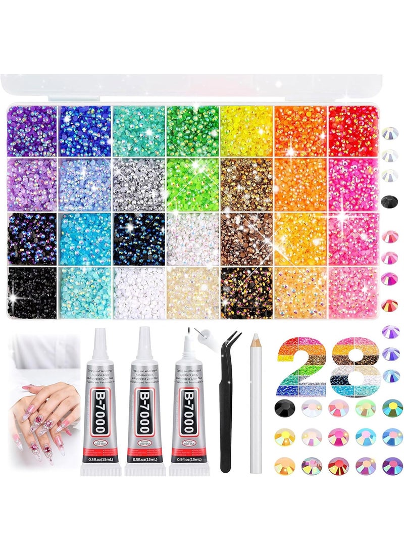 OSHIMA New resin jelly rhinestones, suitable for Bedazzling sets, 30,000 pieces of 28 colors 3mm multi-color flat-back gemstones, with 3 pieces of B700 jewelry glue, Bedazzler nail sets, shoes, clothing, books, crafts, diamond art - Image 1