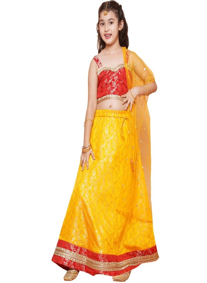 AJ DEZINES Kids Ethnic Wear Jacquard Brasso Printed Sleeveless Yellow Lehenga Choli Set For Girls (G-LH11-YELLOW-38) - Image 1