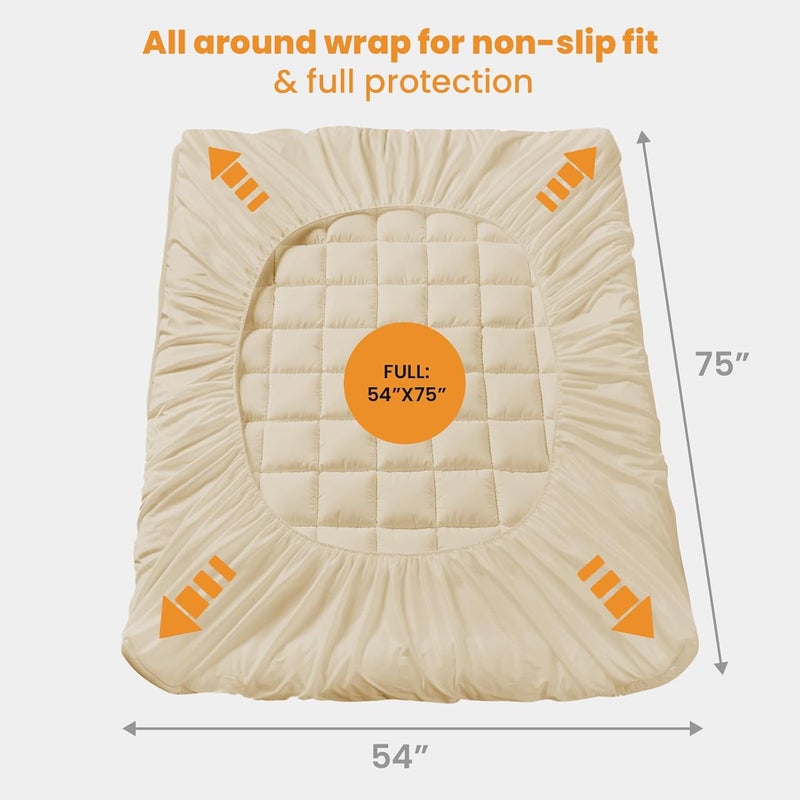 MATBEBY Full Size Mattress Pad - Cooling Breathable Mattress Topper, Quilted Fitted Mattress Protector, Pillow Top Mattress Cover with 8-21" Deep Pocket, Soft, Machine Washable, Beige, 54x75 Inches - Image 5