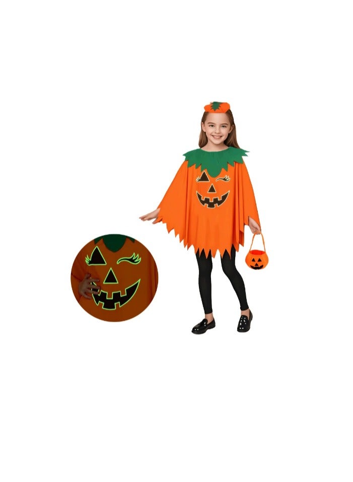 Halloween Pumpkin Costume for Women Kids,Glow in the Dark Adult Halloween Costume with Poncho,Headband & Bag - Image 1