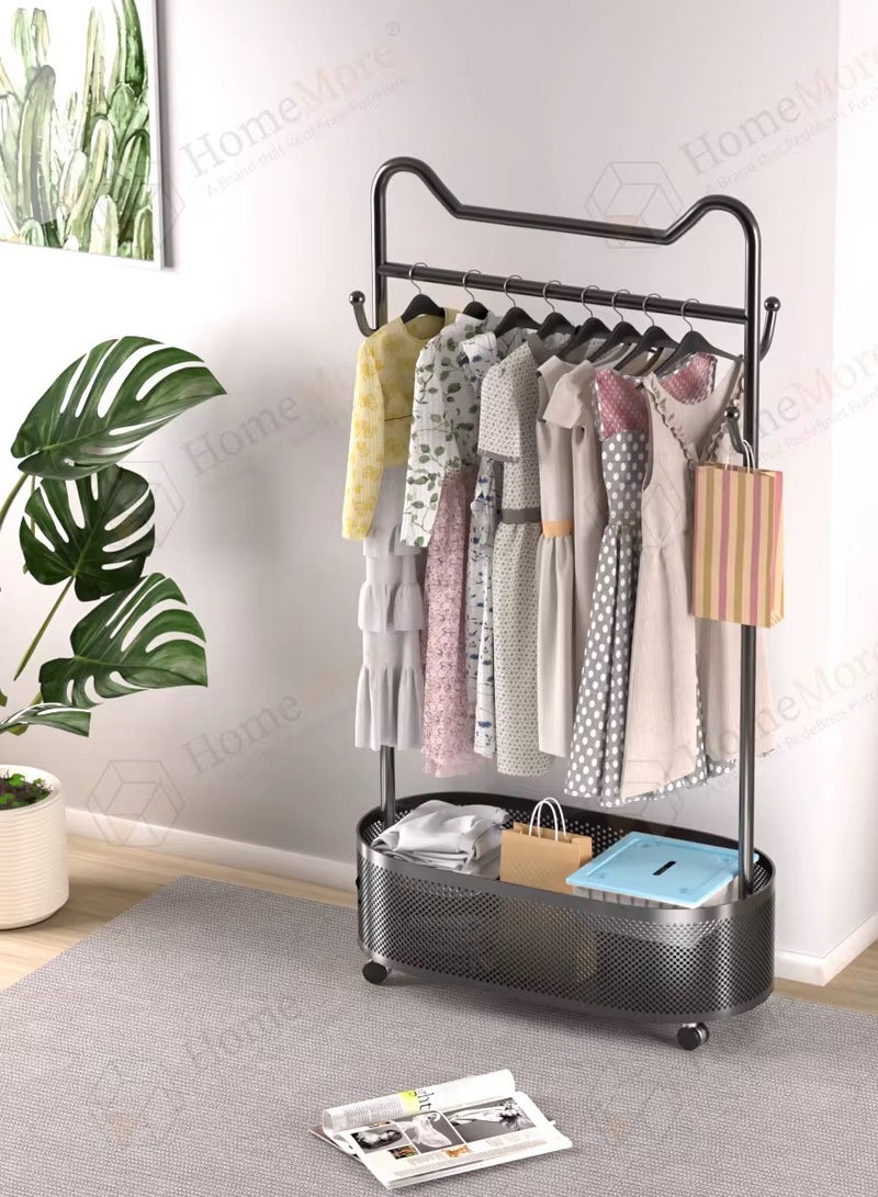 SHEE ONE Black Clothes Rack by SHEE ONE | Wardrobe Stand with Side Hooks & Rolling Wheels | Stylish Clothes Organizer with Mesh Storage Basket | Luxury Design for Bedrooms & Entryways | 179×100×32 cm - Image 1