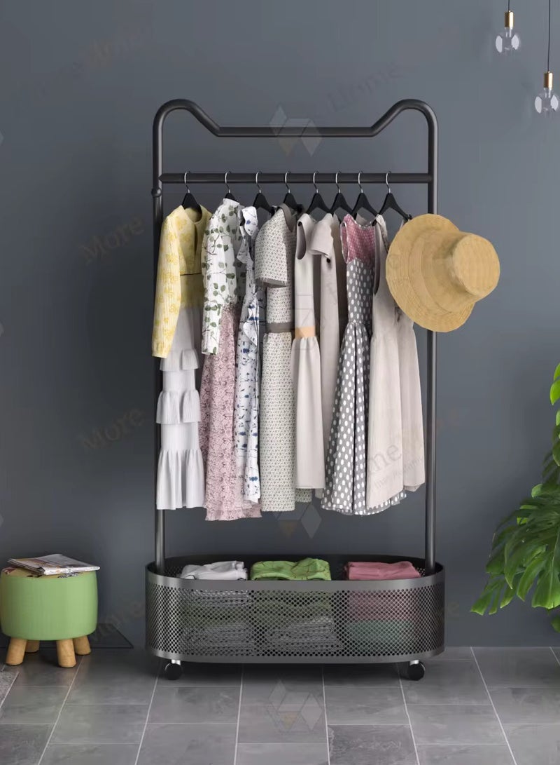 SHEE ONE Black Clothes Rack by SHEE ONE | Wardrobe Stand with Side Hooks & Rolling Wheels | Stylish Clothes Organizer with Mesh Storage Basket | Luxury Design for Bedrooms & Entryways | 179×100×32 cm - Image 3