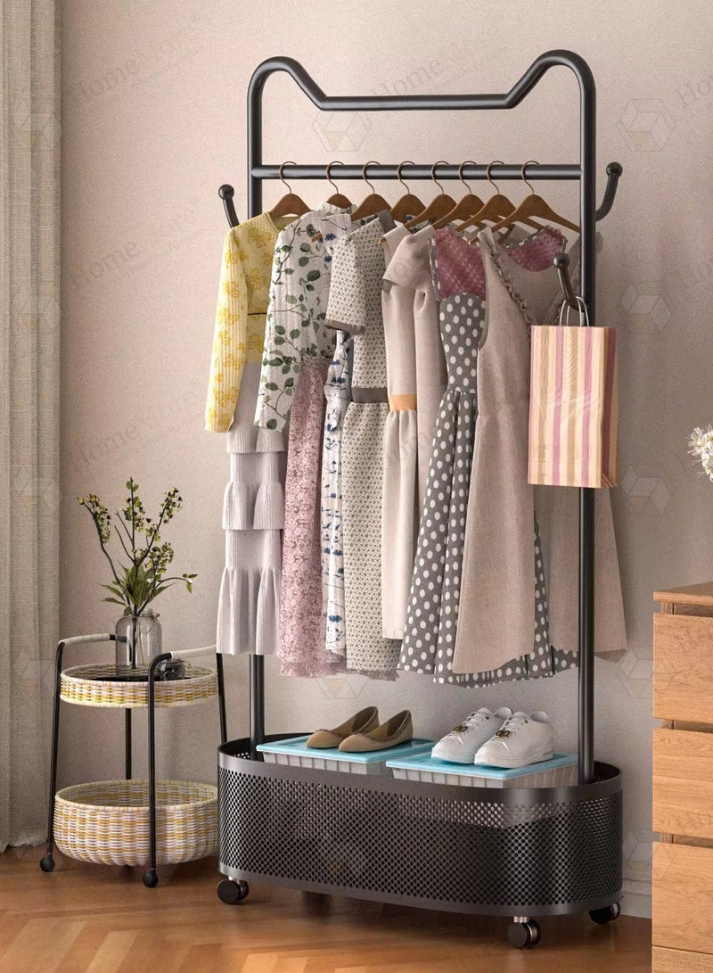 SHEE ONE Black Clothes Rack by SHEE ONE | Wardrobe Stand with Side Hooks & Rolling Wheels | Stylish Clothes Organizer with Mesh Storage Basket | Luxury Design for Bedrooms & Entryways | 179×100×32 cm - Image 4