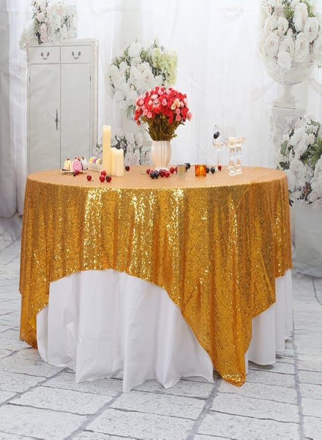 PartyDelight Sequin Tablecloth, Christmas Tree Skirt, Sequin Table Overlay, Square, 70"x70", Gold