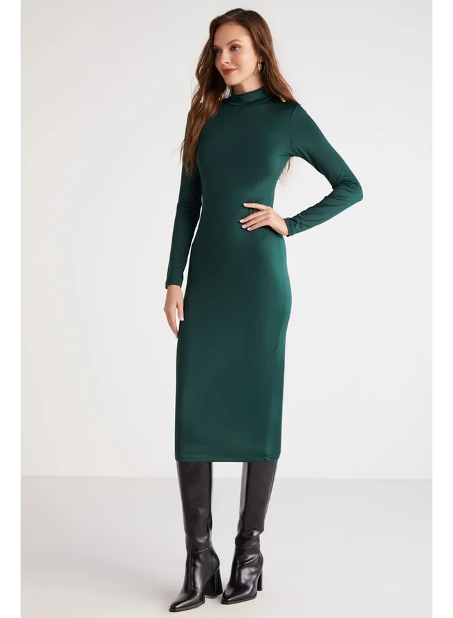 Ethiquet Katja Women's Body-Hugging Slim Fit Narrow Cut Straight-Collar Midi Green Dress.