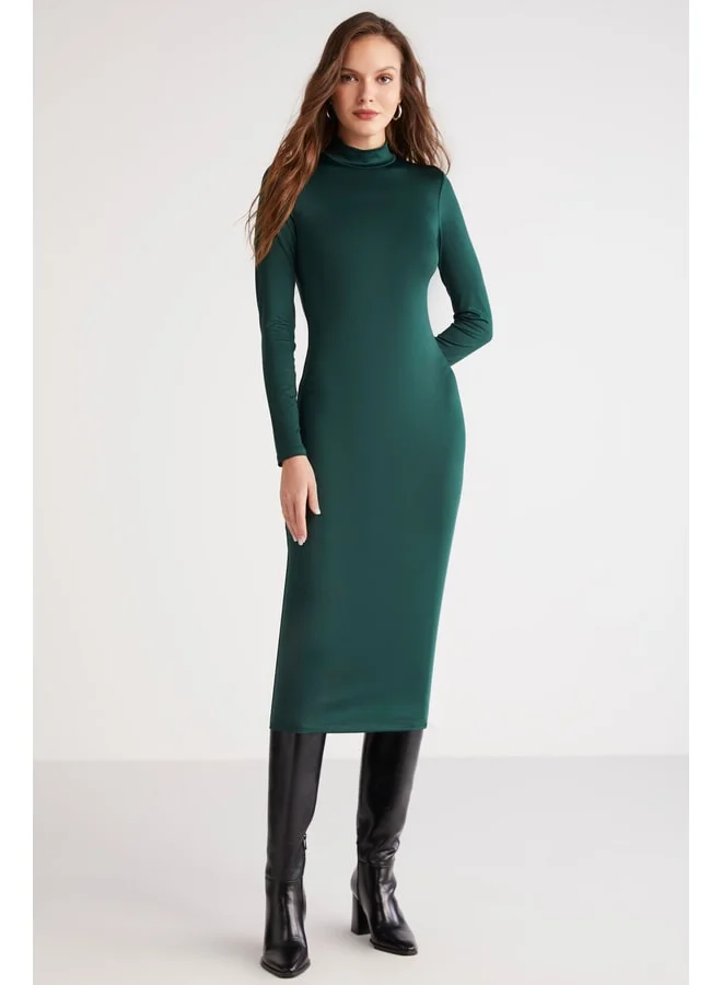 Ethiquet Katja Women's Body-Hugging Slim Fit Narrow Cut Straight-Collar Midi Green Dress.