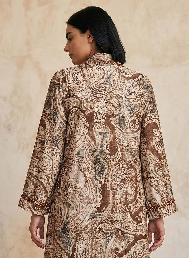 Splash FAV Brown Smart Relaxed Fit Longline Printed Open Front Shrug for Women | Best Price UAE
