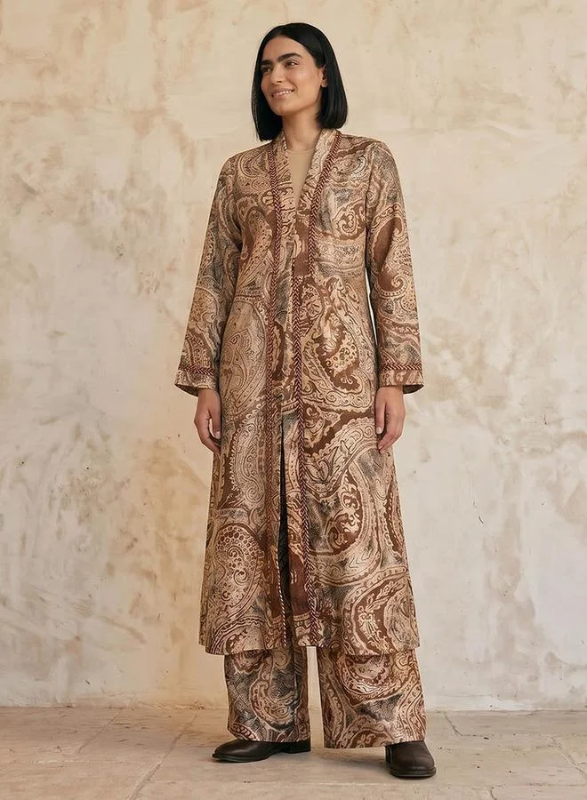 Splash FAV Brown Smart Relaxed Fit Longline Printed Open Front Shrug for Women | Best Price UAE