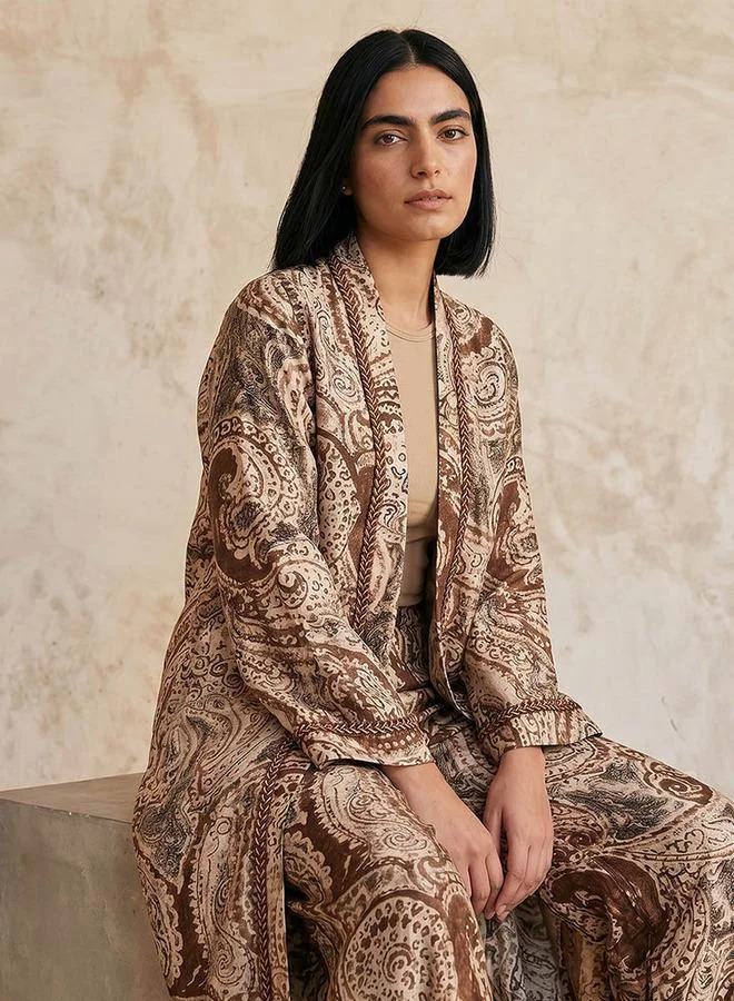Splash FAV Brown Smart Relaxed Fit Longline Printed Open Front Shrug for Women | Best Price UAE