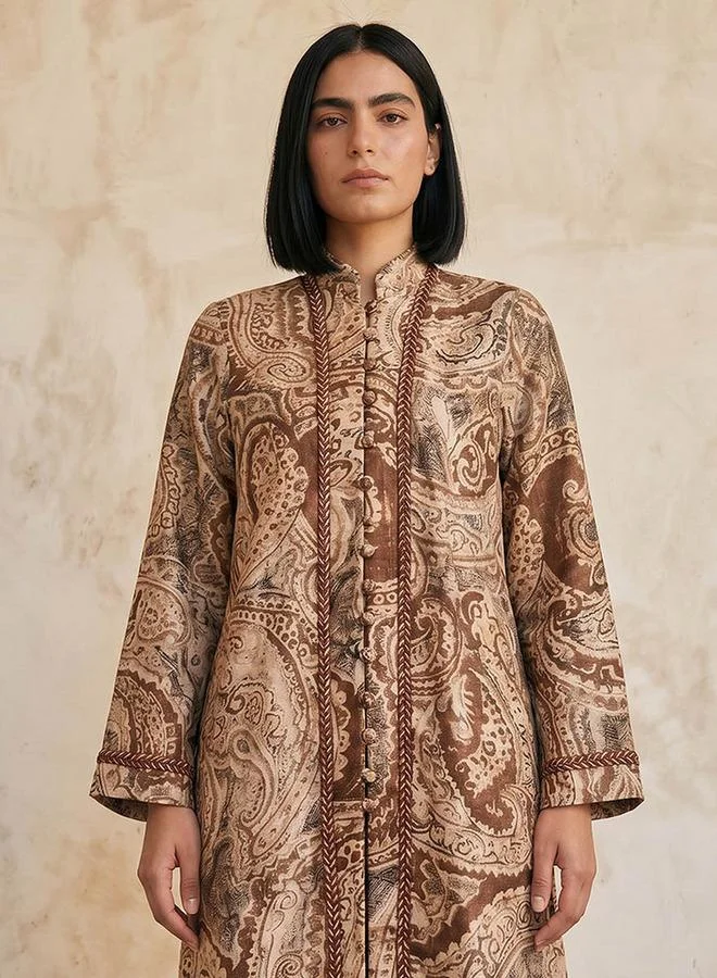 Splash FAV Brown Smart Relaxed Fit Longline Printed Open Front Shrug for Women | Best Price UAE