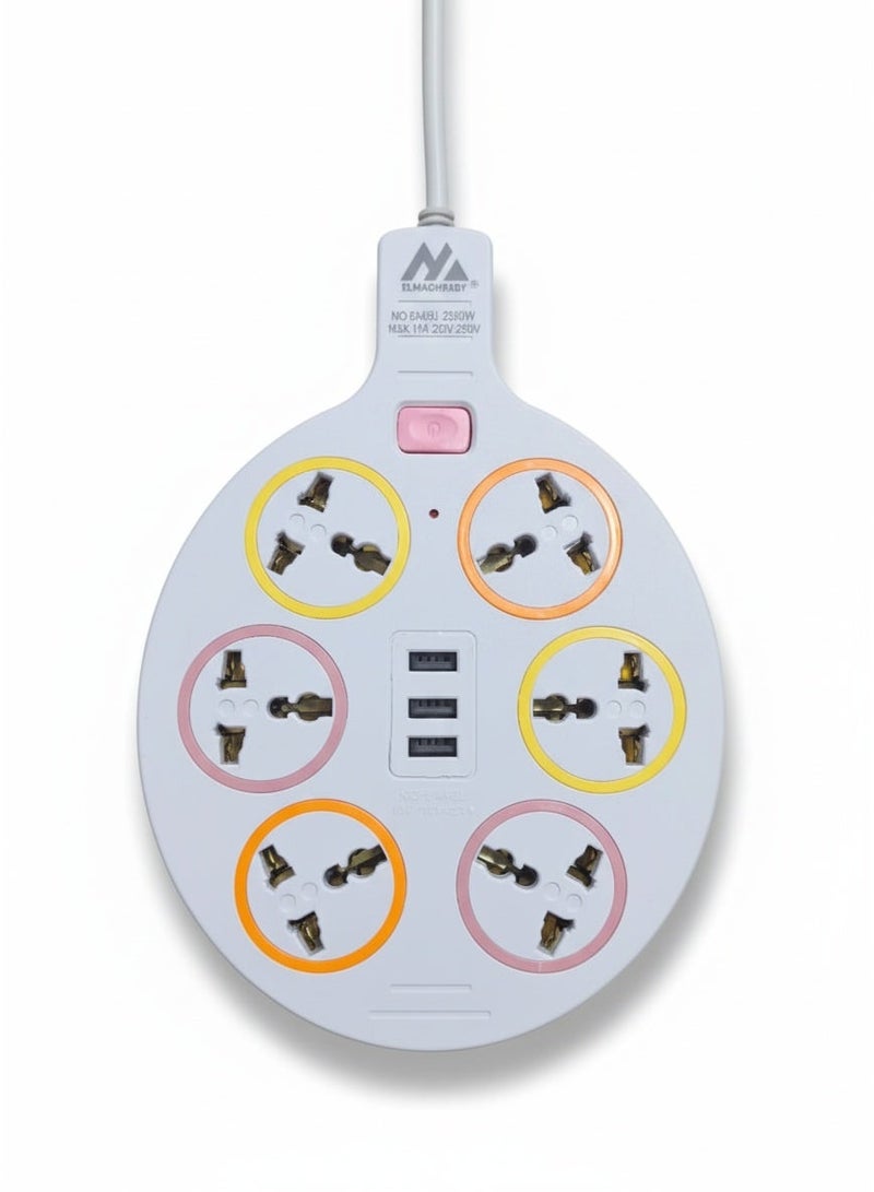 ELMAGHRABY Round Socket Power Strip with 6 Universal Outlets, 3 USB Ports Fast & Safe Charging Extension with Overload Protection, Fire Resistant Design, Independent Switches and Smart Chip for Home & Office Use - Image 1