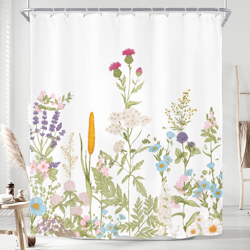 Riyidecor Wildflower Floral Shower Curtain for Bathroom Accessories 60Wx72H Inch Watercolor Flower Plant Botanical Herbs Spring Grass Colorful Blossoms Fabric Bathroom Decor Set 12 Pack Plastic Hooks