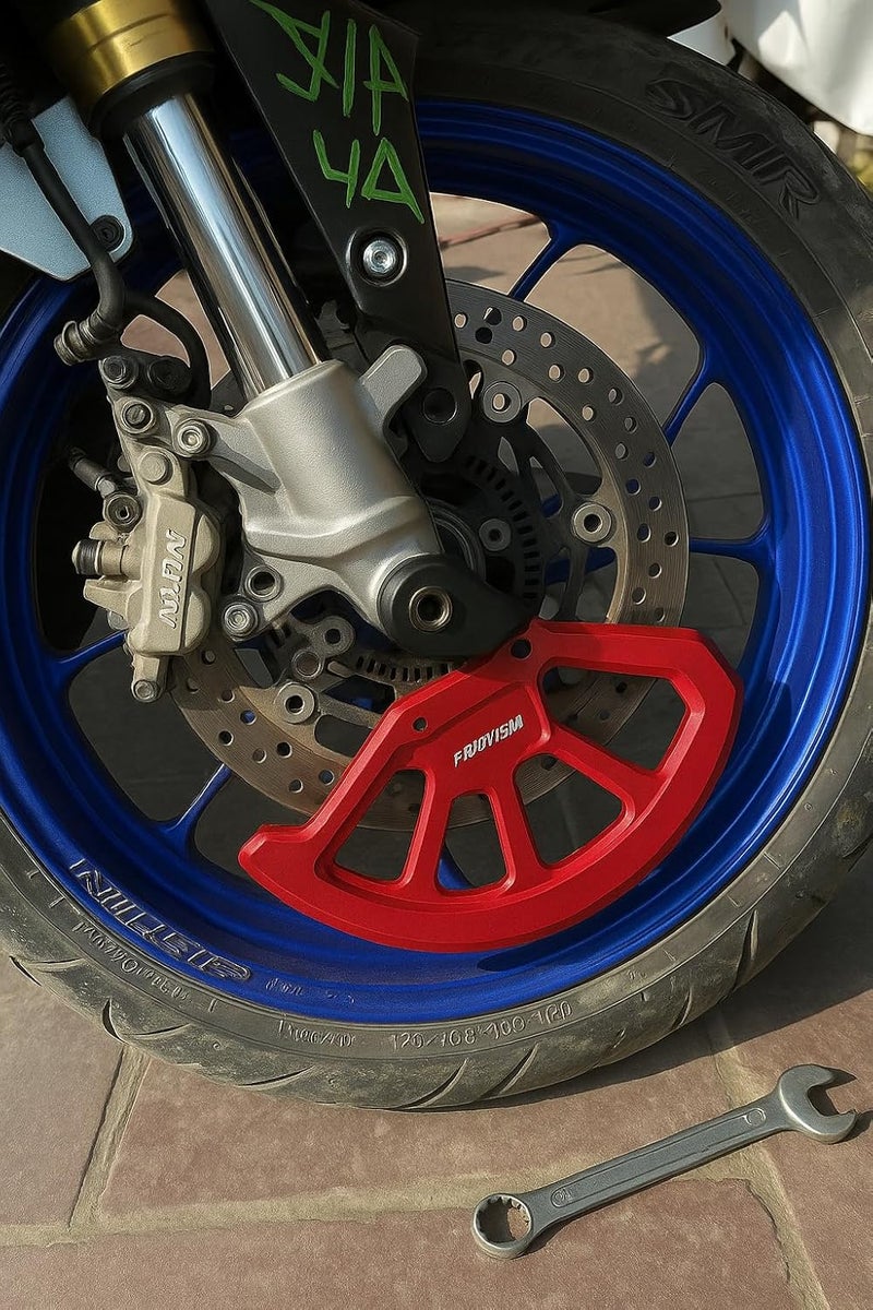 Pit Stop Motorcycle Front Brake Disc Guard, Universal Rotor Protector, Gold Aluminium, Blue Wheel Compatible (Red) - Image 2
