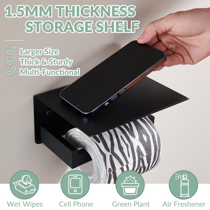 APLusee Toilet Paper Holder with Shelf Matte Black, 304 Stainless Steel Tissue Holder, Wall Mounted - Image 3