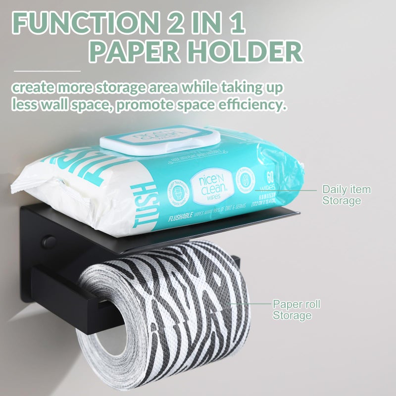 APLusee Toilet Paper Holder with Shelf Matte Black, 304 Stainless Steel Tissue Holder, Wall Mounted - Image 5