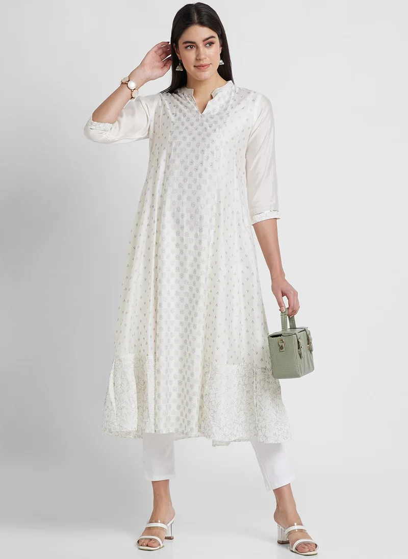 Globus Women Sequined Silver Foil Printed Panelled Anarkali Festive Kurta