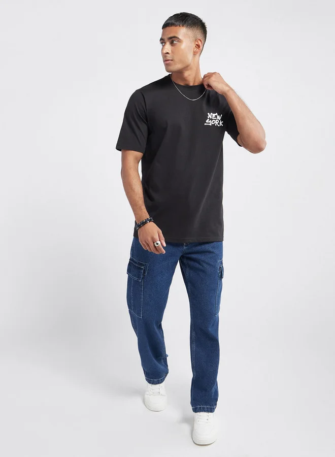 Splash FAV Typographic Print T-shirt with Crew Neck and Short Sleeves