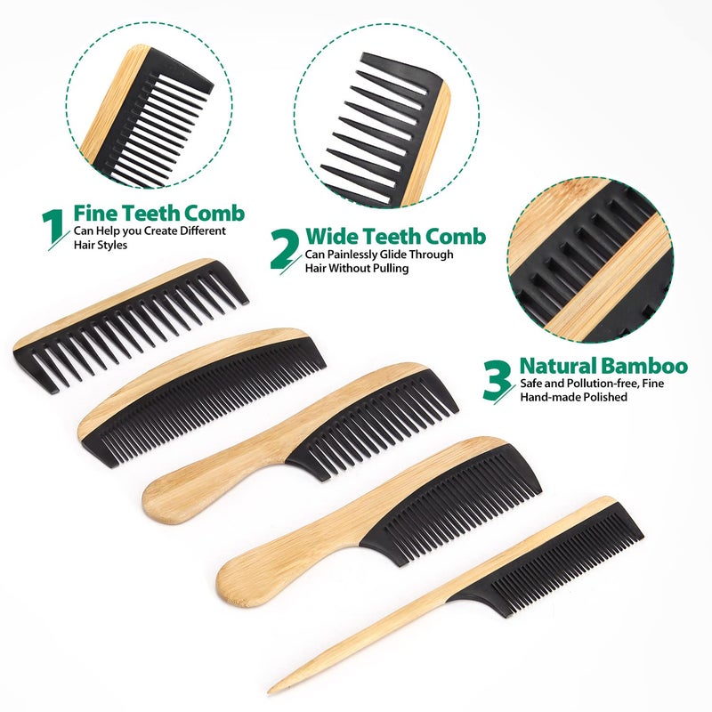 SouxMux 5 Pcs Handmade Bamboo Anti-Static Comb Set for Women and Men - Wide Tooth, Rat Tail, and Fine Tooth Combs for Long, Short, Thick, Thin, Wavy, and Curly Hair Detangling (Natural + Black) - Image 2