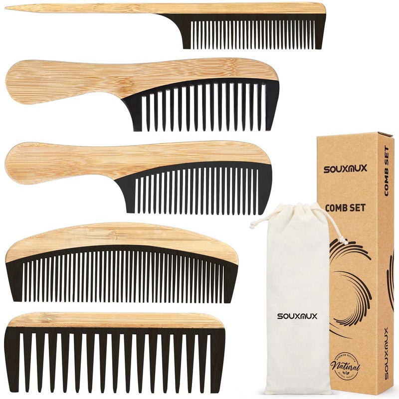 SouxMux 5 Pcs Handmade Bamboo Anti-Static Comb Set for Women and Men - Wide Tooth, Rat Tail, and Fine Tooth Combs for Long, Short, Thick, Thin, Wavy, and Curly Hair Detangling (Natural + Black) - Image 1