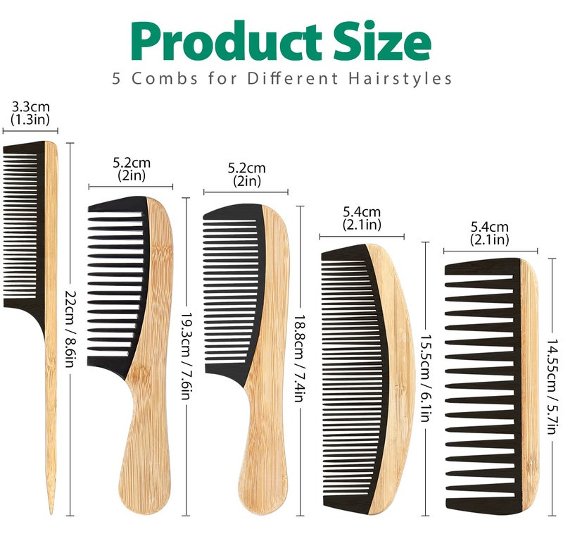 SouxMux 5 Pcs Handmade Bamboo Anti-Static Comb Set for Women and Men - Wide Tooth, Rat Tail, and Fine Tooth Combs for Long, Short, Thick, Thin, Wavy, and Curly Hair Detangling (Natural + Black) - Image 3