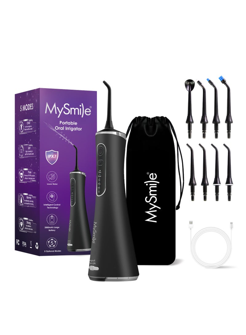 MySmile LP211 Cordless Advanced Water Flosser for Teeth 5 Cleaning Modes Rechargeable Power Dental Flosser 8 Replacement Jet Tips IPX 7 Waterproof Dental Irrigador with Travel Storage Pouch (Black) - Image 1