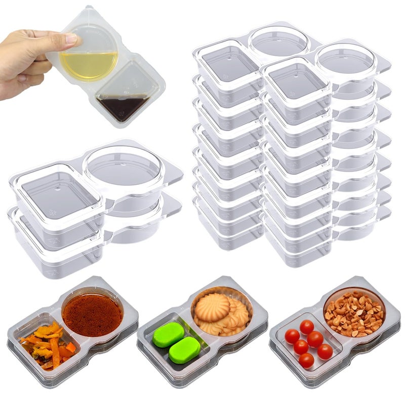 BIGTHREE Double Compartment Snack Containers with Lids  Clear Disposable Travel Dip and Sauce Boxes