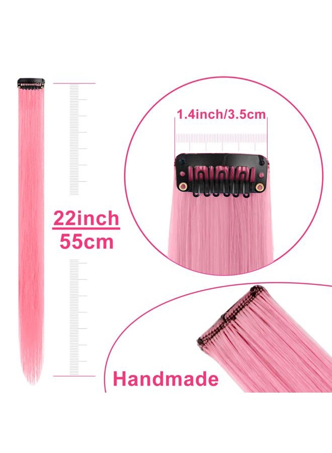 TOFAFA 22 inch Pink Hair Extensions, Colored Party Highlights Clip in Long Straight Hairpiece colorful Synthetic Hair Extensions for Kids Girls Women Halloween Cosplay Gift(10 PCS Pink) - Image 3