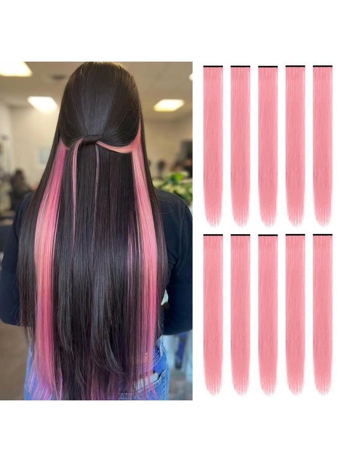 TOFAFA 22 inch Pink Hair Extensions, Colored Party Highlights Clip in Long Straight Hairpiece colorful Synthetic Hair Extensions for Kids Girls Women Halloween Cosplay Gift(10 PCS Pink) - Image 1