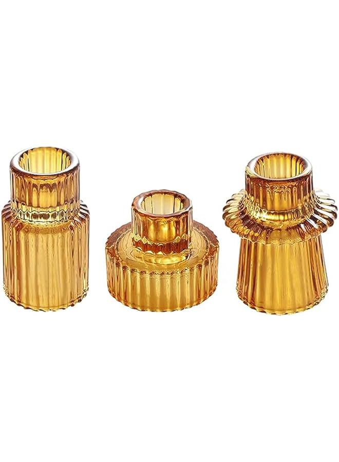 The Bros Candlestick Holders Set, Tea light Candle Holder 2-in-1 Candlestick, 3Pcs Pink Glass Candle Holders for Wedding, Festival, Party & Windowsill Decor Candlestick Holders (3pc Amber) - Image 1