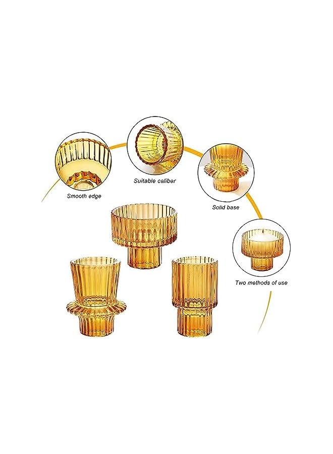 The Bros Candlestick Holders Set, Tea light Candle Holder 2-in-1 Candlestick, 3Pcs Pink Glass Candle Holders for Wedding, Festival, Party & Windowsill Decor Candlestick Holders (3pc Amber) - Image 3