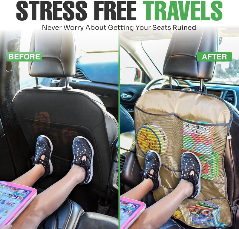 lebogner Back Seat Cover for Kids  4 Pocket Storage Organizer 2 Pack Kick Mats Backseat Protector Car Accessories Waterproof Kick Guard for Vehicles to Protect from Dirt Mud  Scratches Beige - Image 3